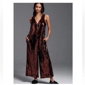 Anthropologie Maeve Sequin Jumpsuit Royale Copper Wide Leg XS